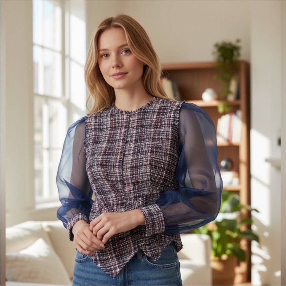 Zara tweed organza puff long sleeve blouse